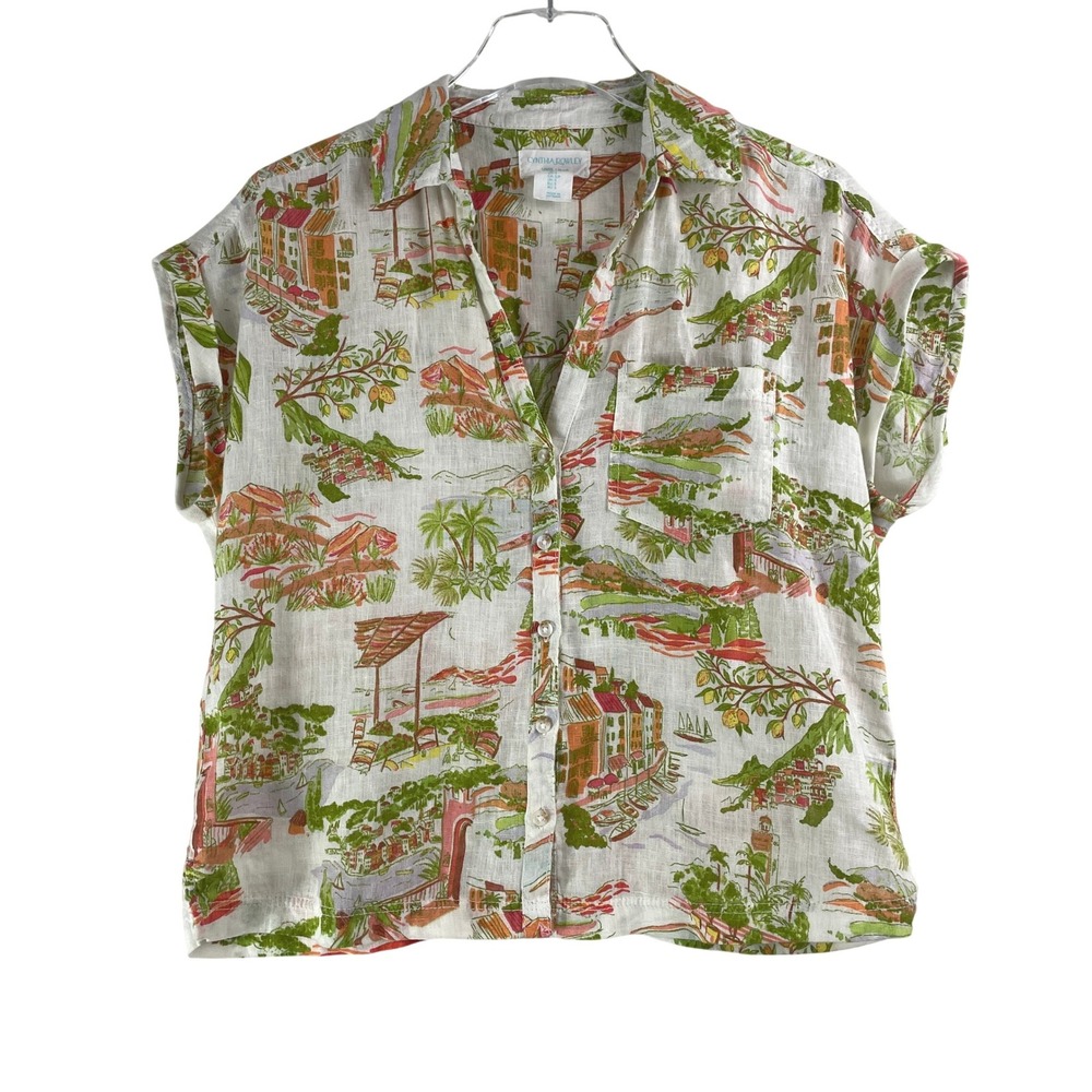 Cynthia Rowley Mens 100% Linen Scenic Mediterranean Coastal Print Shirt Small